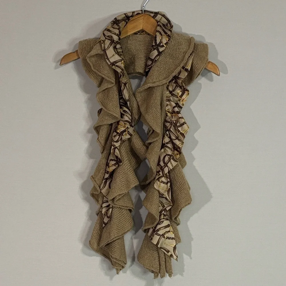 Lauren Ralph Lauren Ruffle Knit Scarf Silk Chain Print Neutral Luxe